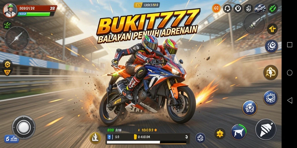 Screenshot utama BUKIT777 menampilkan serunya balapan motor di jalur kompetitif.