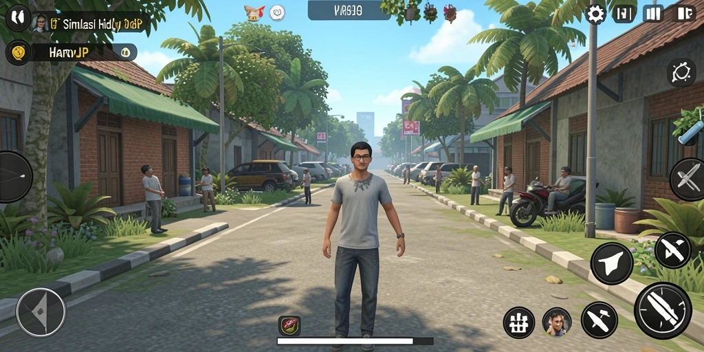 Screenshot gameplay <strong>HARAPJP</strong> menunjukkan karakter dengan aktivitas menarik dalam simulasi kehidupan.