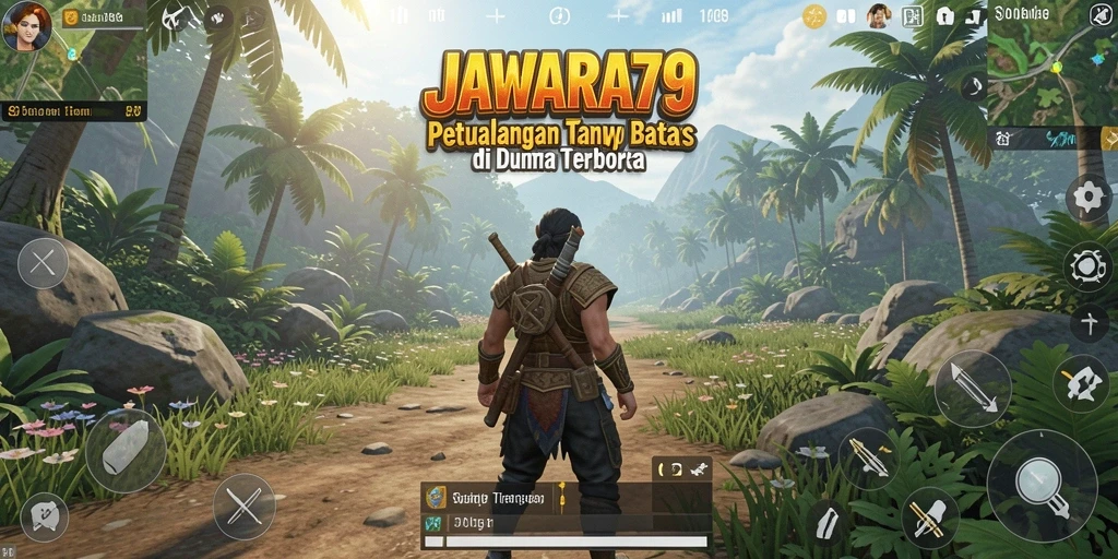 Screenshot utama JAWARA79 menampilkan momen penjelajahan di dunia terbuka.