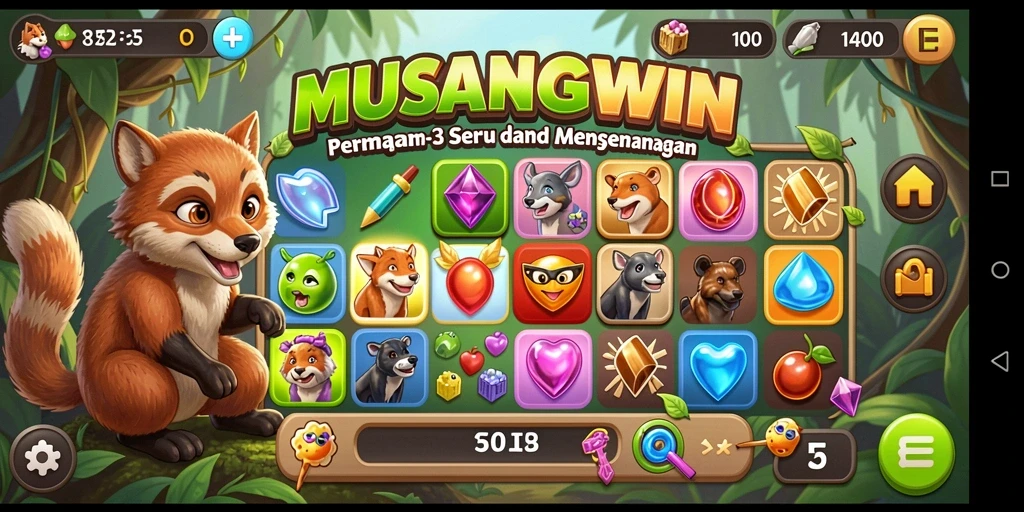 Tangkapan layar gameplay MUSANGWIN dengan elemen Match-3 yang menarik.