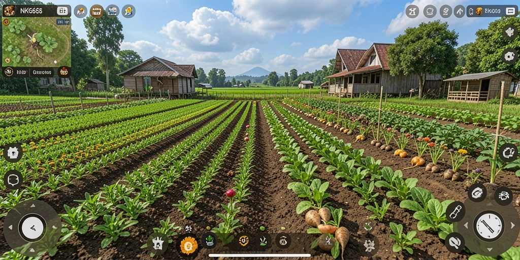 Screenshot gameplay NK666 menampilkan aktivitas seru bertani di ladang.